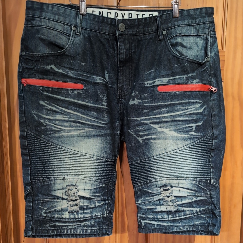 Encrypted Distressed Blue Denim Shorts Men's Size 40 Acid washed Cotton